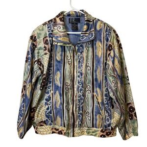 Vtg EVR Women's Silk Abstract Print Zip Up Bomber Jacket S 80s Grandmacore